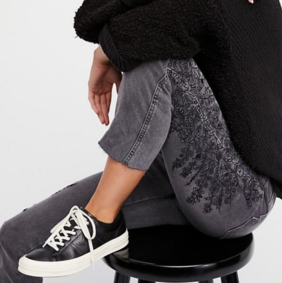 Free People Grey Embroidered Girlfriend Jeans - Picture 10 of 11